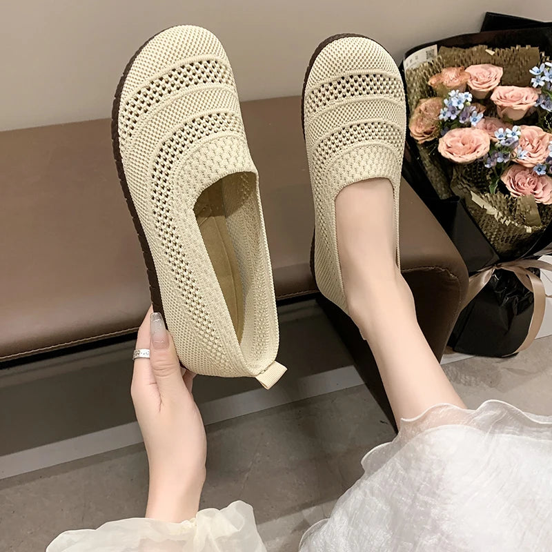 Women's casual single shoes, summer new comfortable and versatile flat bottomed loafers, breathable mesh ballet shoes