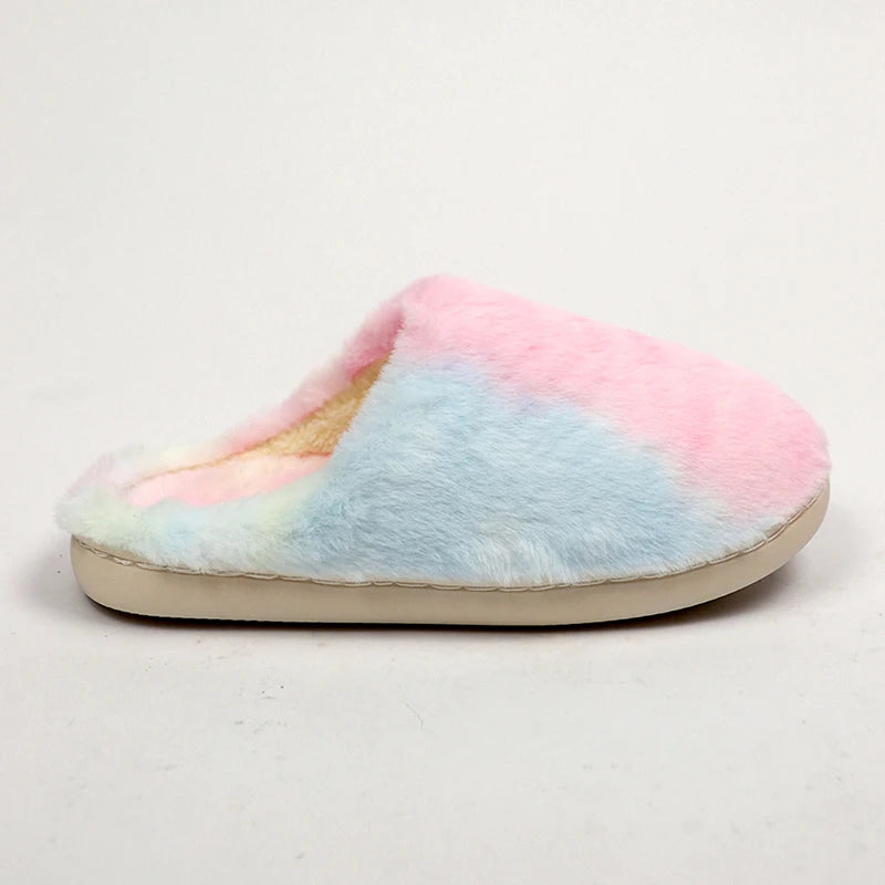 Tie Dye Fluffy Fur Slippers for Women 2024 Winter Closed Toe House Home Slippers Woman Non Slip Flat Heels Indoor Cotton Shoes