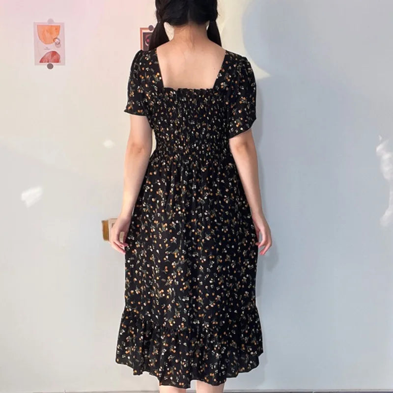 Spring Summer Chiffon Dress Women Casual Dresses Female Elastic Waist Short Sleeve Printed Floral Midi A-Line Dresses Vestidos