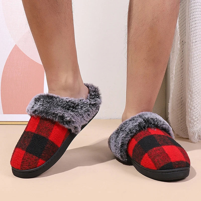 Plaid Thicken Plush Fur Slippers Women 2024 Winter Closed Toe Couple Home Slippers Woman Comfort Soft Sole House Shoes Slides