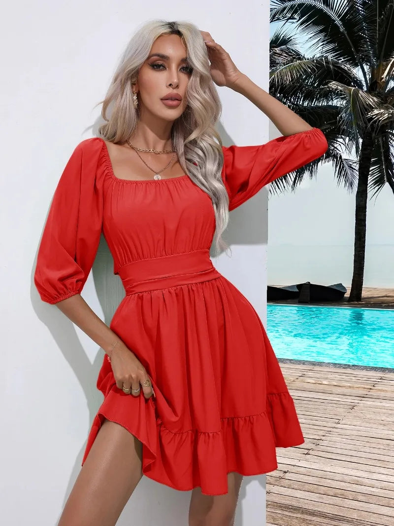 Summer Women Dresses Square Collar Bohemian RUFFLES Elastic Waist Above Knee Mini Dress Short Sleeves Pullover Mujer Vestidos