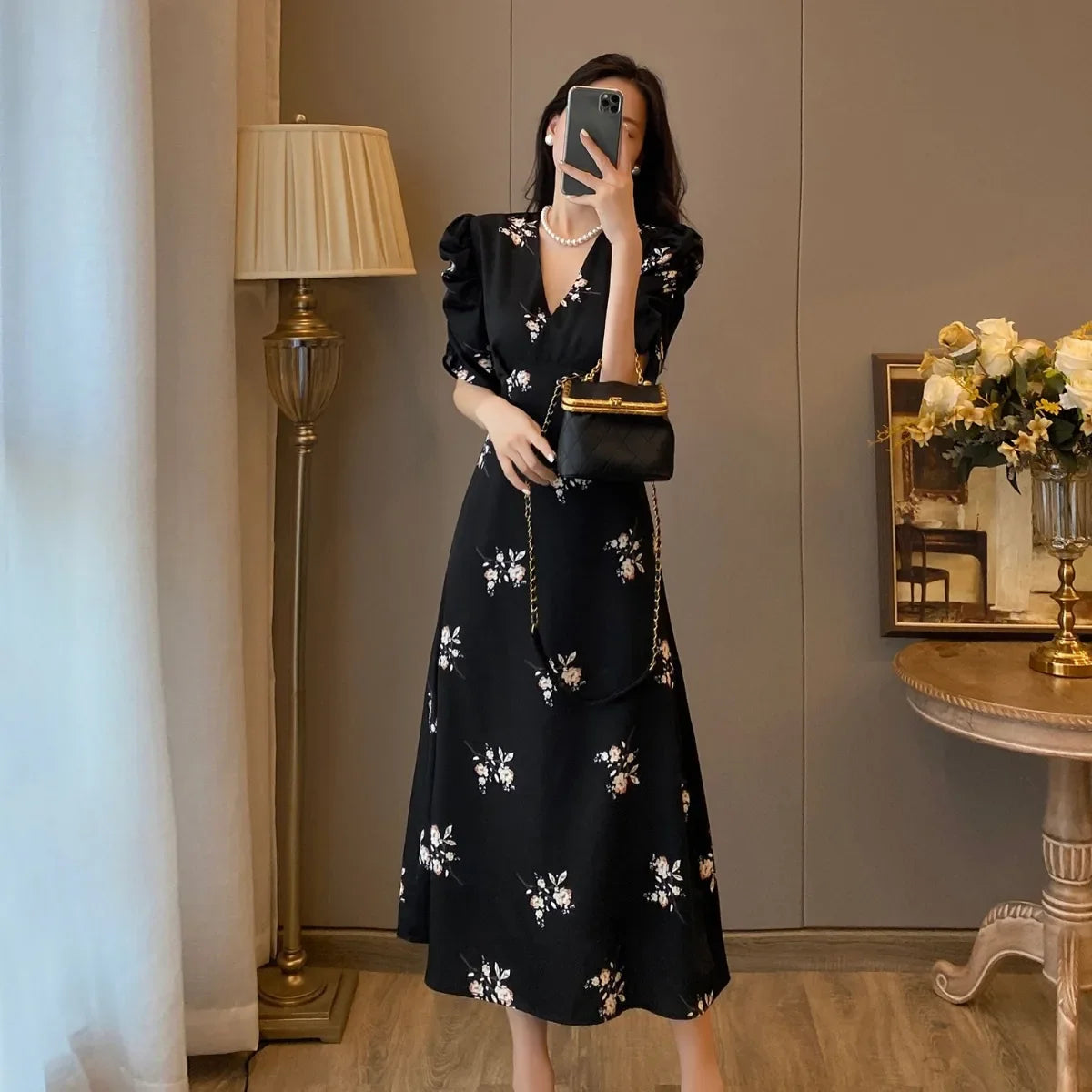 Spring Summer Chiffon Dress Women Casual Dresses Fashion Female Printed Floral V-neck Short Sleeve A-line Dresses Vestidos