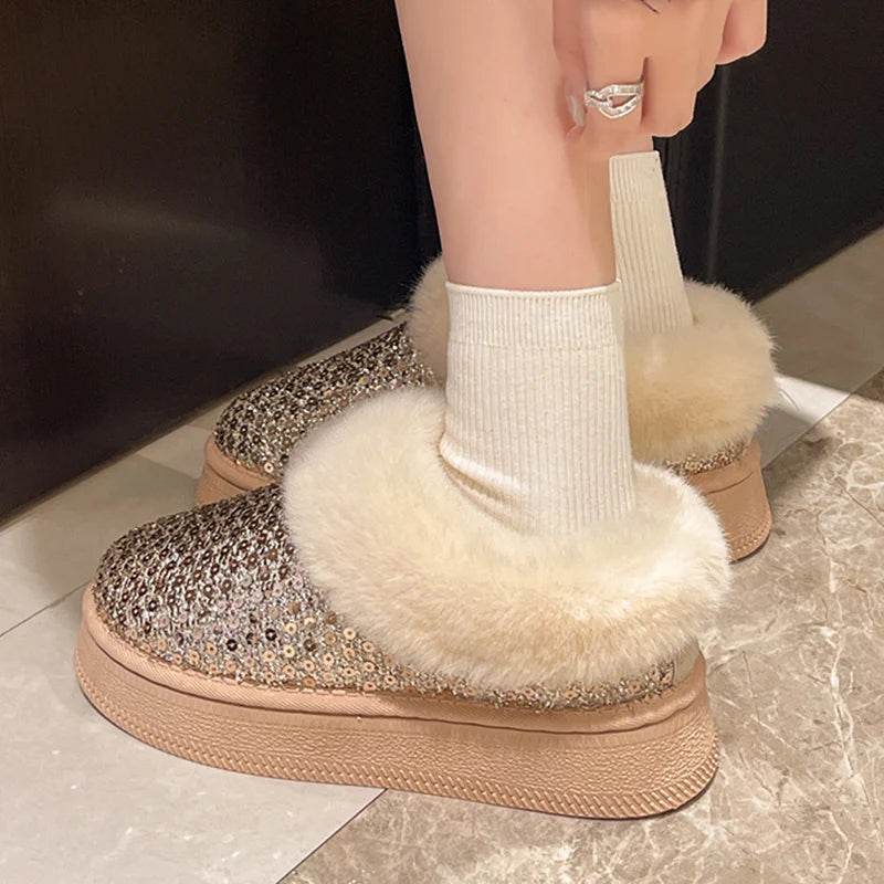 Shiny Sequins Winter Platform Ankle Boots Women 2024 Warm Thicken Plush Snow Boots Woman Non Slip Flat Heels Cotton Padded Shoes