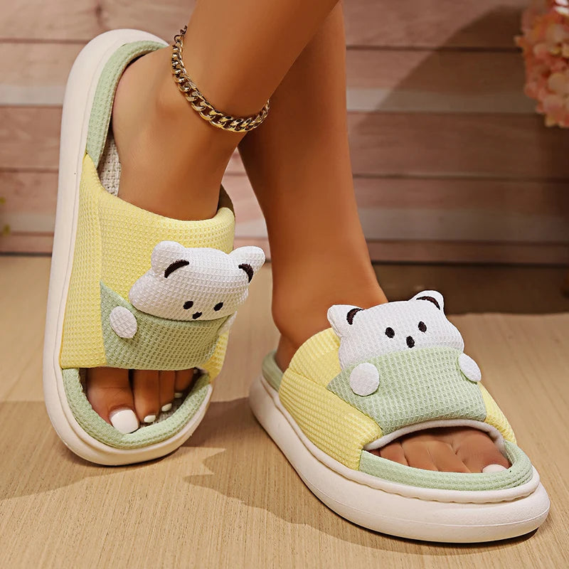 Cute Cartoon Bear Home Slippers Women 2024 Winter Comfort Soft Sole Linen Slippers Woman Non Slip Flat Heels House Shoes Slides