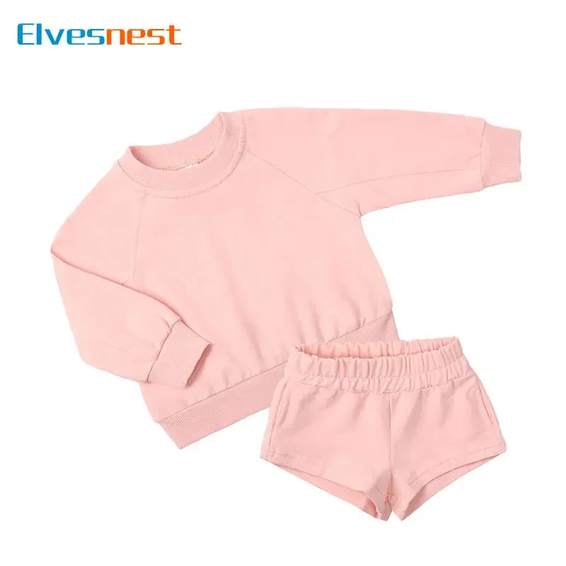 Fashion Kids Clothes Girl Outfit Set Solid Color Cotton Long Sleeve Tops Shorts Autumn Children Boys Clothing Sets 1-14 Years