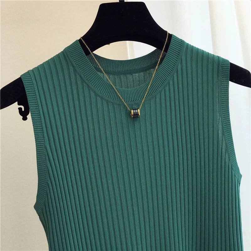 Summer Spring Tanks Top Women Sleeveless Knitted T-Shirts Female Elastic Slim Casual Vests Crop Tops Camis Pullover Shirts