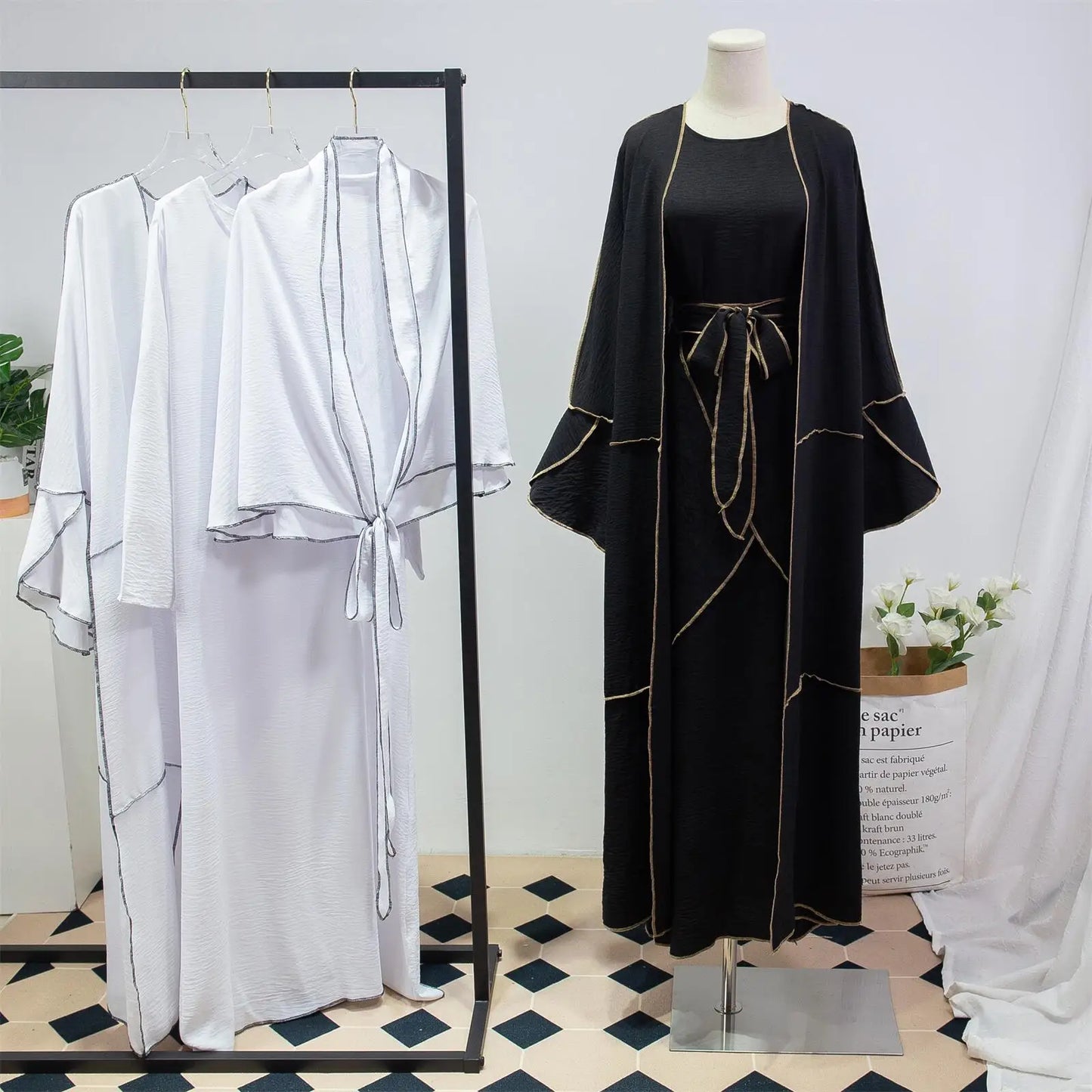 3Pcs Women Out Abaya Muslim Sets Jilbabs Loose Cardigan Coat Sleeveless Inner Dress Three Pieces Prayer Clothing With Upbind