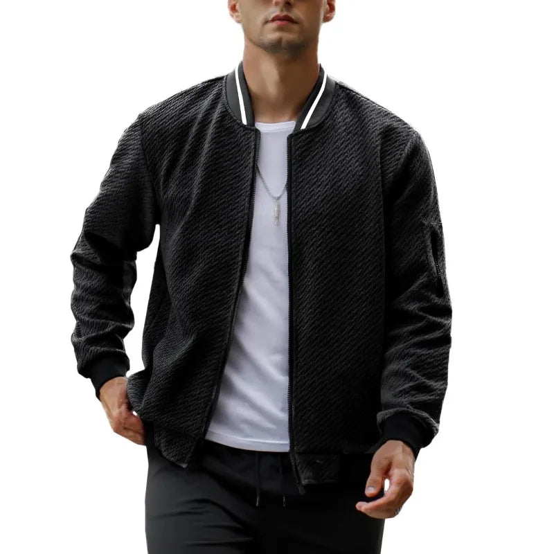 Mens Casual Jacquard Bomber Jackets Color-Block Lightweight Varsity Jacket Fashion Zipper Coat with Pockets Autumn Streetwear