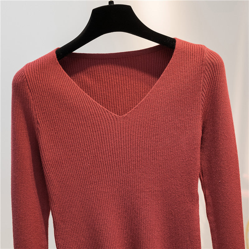 Women Knitted Shirts Fashion Female Autumn Winter Long Sleeve V-neck Skinny Elastic Casual Thin Sweater Pullover Tops Knitwear