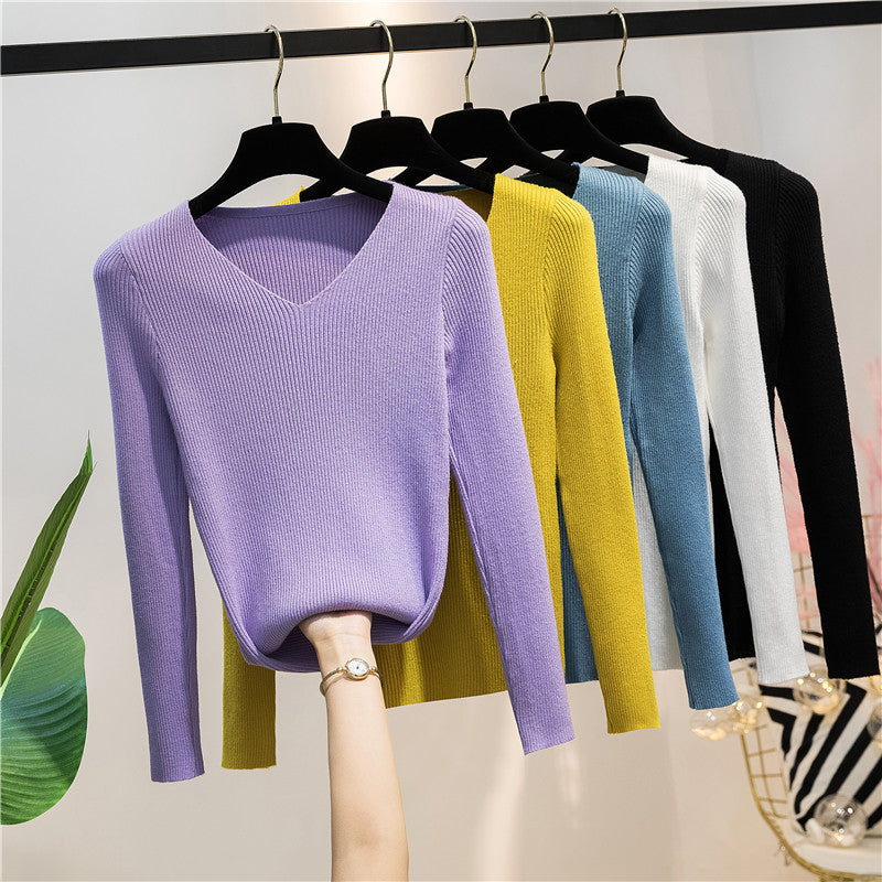 Women Knitted Shirts Fashion Female Autumn Winter Long Sleeve V-neck Skinny Elastic Casual Thin Sweater Pullover Tops Knitwear