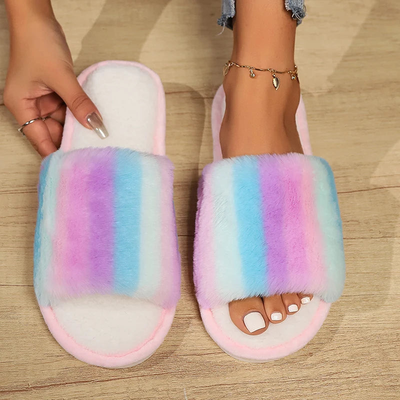 Colorful Fluffy Fur Slippers Women 2024 Winter Warm Flat Heels Home Cotton Slippers Woman Non Slip Indoor House Shoes Slides