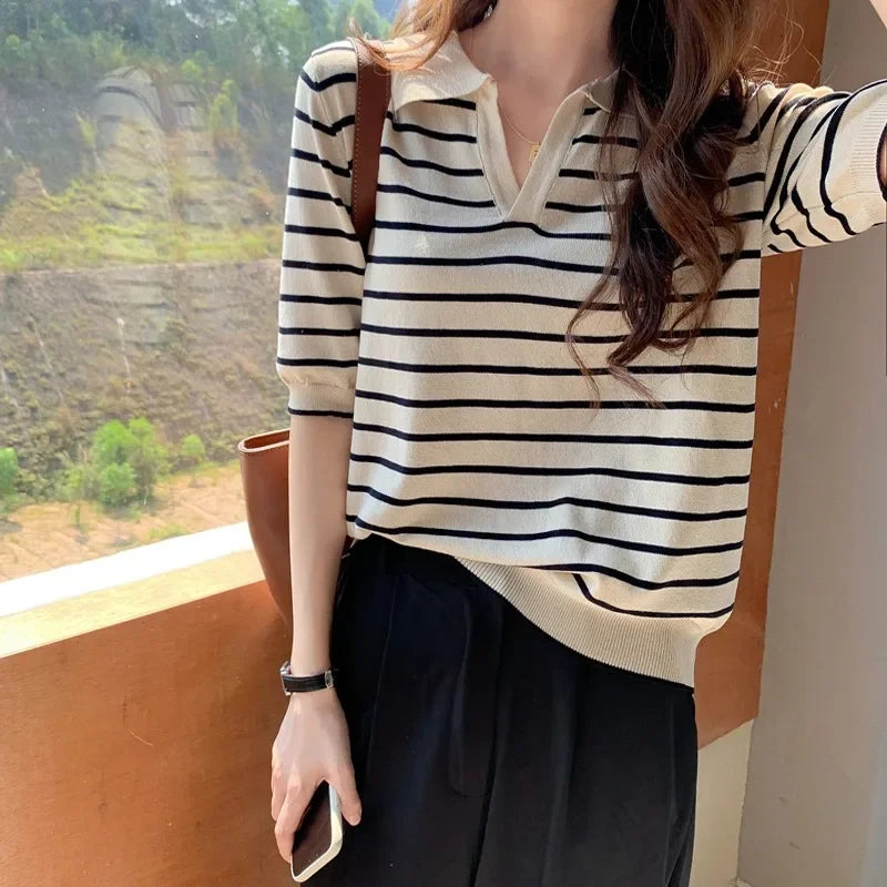 Summer Striped T-Shirt Women Knitted Shirts Pullover Tops Short Sleeve Crop Tops Female Elastic Casual Knit Tee Women's T-Shirts