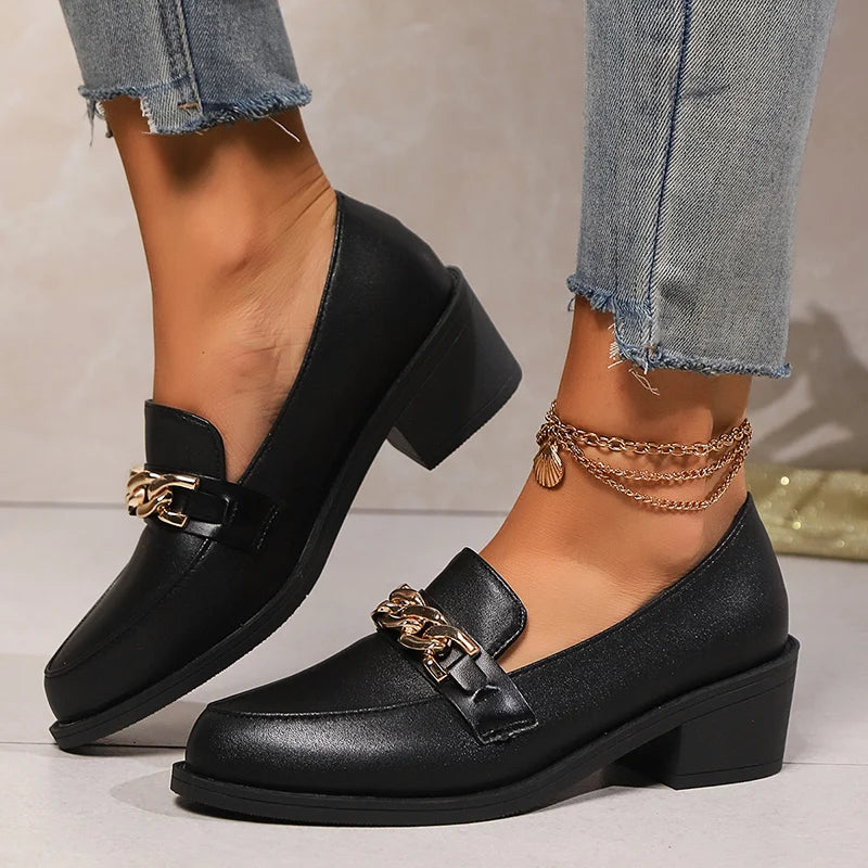 Metal Chain Black High Heels Loafers Woman 2024 Autumn Retro Pu Leather Thick Heel Pumps Woman Slip On Pointed Toe Casual Shoes