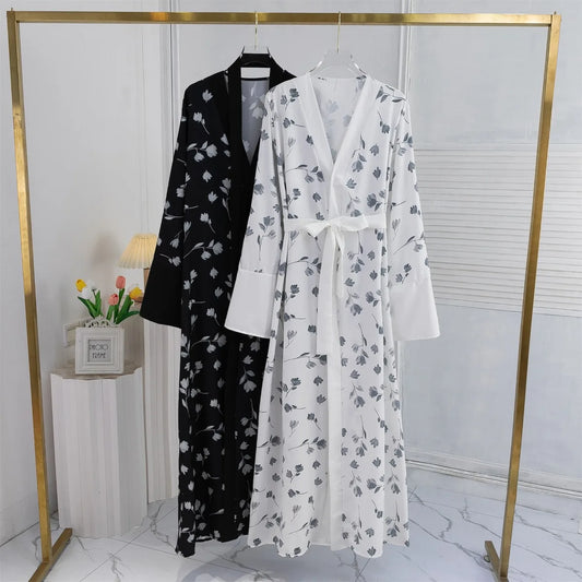 Muslim Printed Floral Open Front Abaya women Long Sleeve Maxi Length Dress With Belt Women's Clothing Kaftans Women Jilbabs