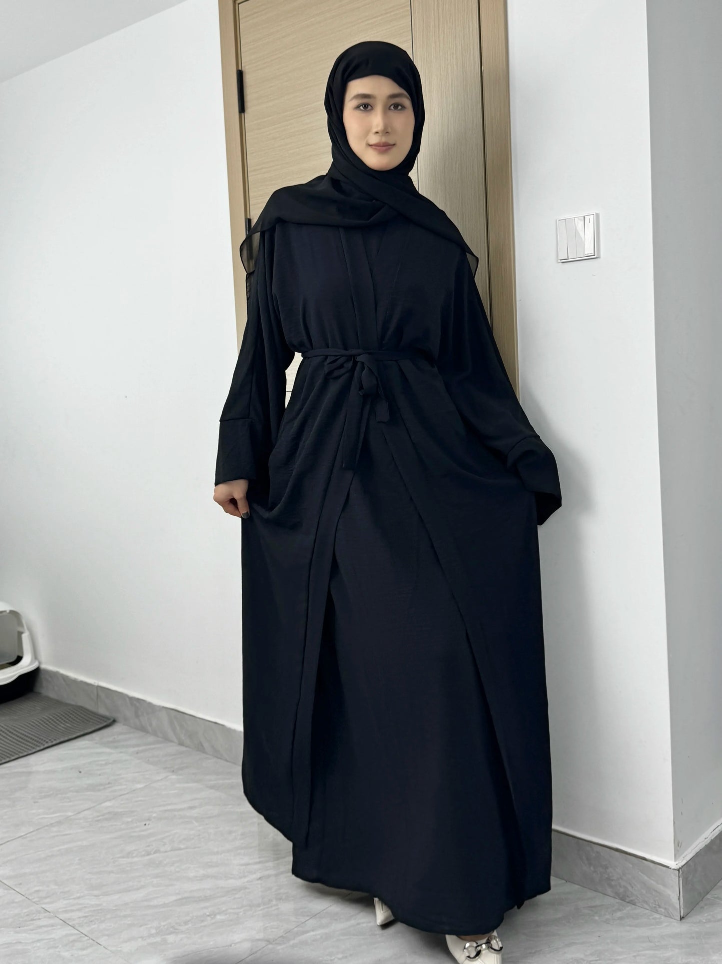 Women Open Front Abaya Muslim Sets Muslim Jilbab Loose Cardigan Coat Sleeveless Inner Dress Two Pieces Prayer Clothing with Belt