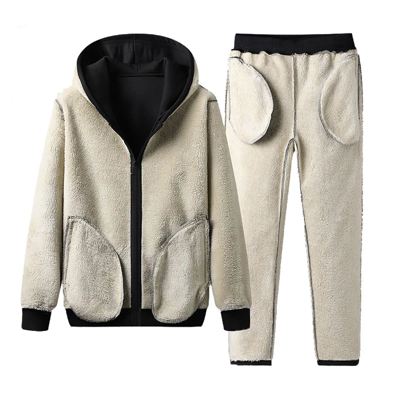 Winter Men Fleece Hooded Warm Sport Suits Man Run Jogger Casual Tracksuits Sets Male Outdoor 2 Piece Jackets Pants Thicken Suits