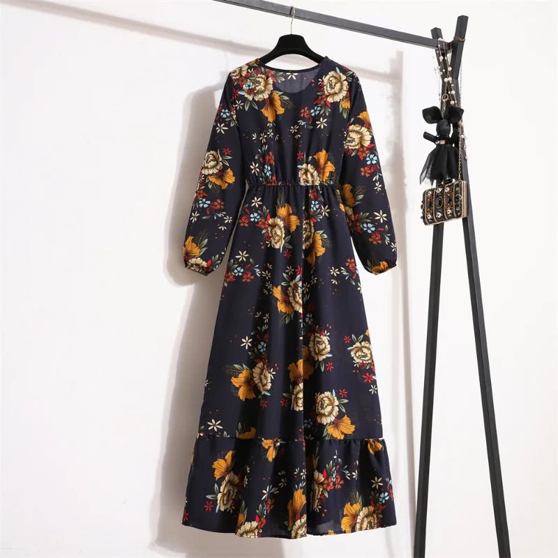 Autumn Spring Chiffon Dresses Fashion Female Full Sleeve Vintage Printed Floral Casual Long Dress Women Maxi Dresses Vestidoes