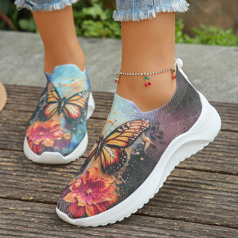 Butterfly Printed Breathable Knitted Sneakers for Women 2024 Spring Slip On Flat Heels Casual Shoes Woman Lightweight Loafers