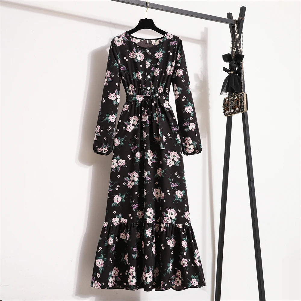 Autumn Spring Women Chiffon Dresses O-neck Mujer Vestidos Female Vintage Floral Printed Full Sleeve A-line Long Maxi Dresses