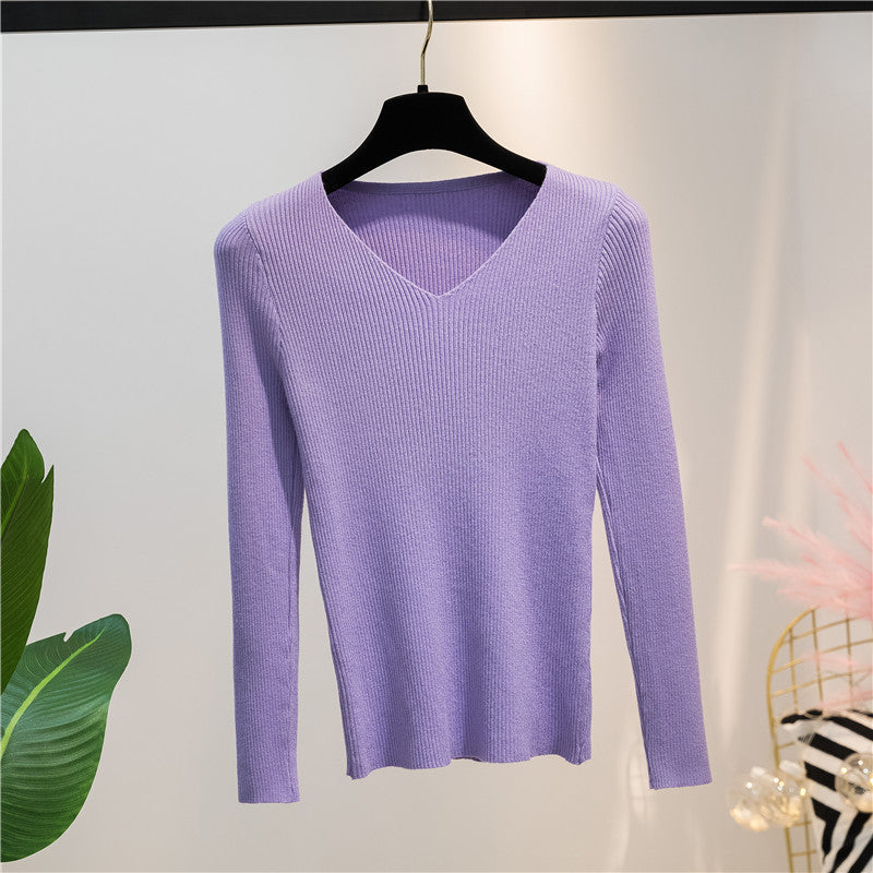 Women Knitted Shirts Fashion Female Autumn Winter Long Sleeve V-neck Skinny Elastic Casual Thin Sweater Pullover Tops Knitwear