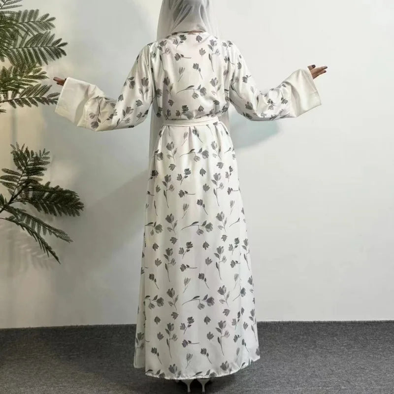 Printed Floral Open Front Abaya,Long Sleeve Maxi Length Dress With Belt Women's Clothing Muslim Abayas Out Kaftans Women Jilbabs