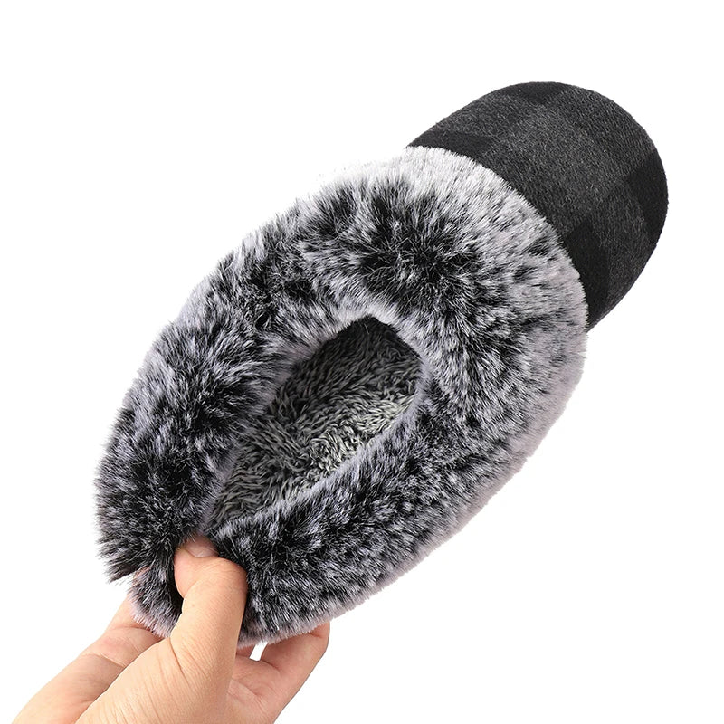 Plaid Thicken Plush Fur Slippers Women 2024 Winter Closed Toe Couple Home Slippers Woman Comfort Soft Sole House Shoes Slides