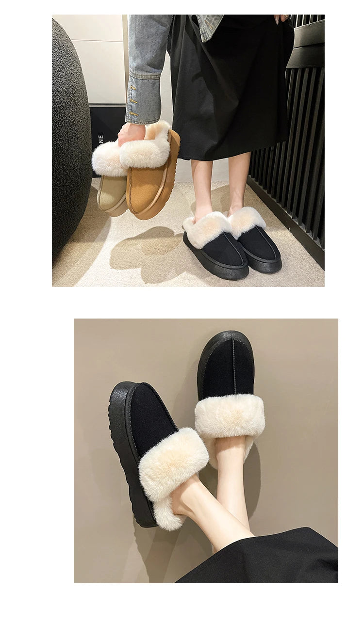 Women's new fur slippers for outdoor wear, 2024 winter short tube snow boots, thick soled warm cotton slippers