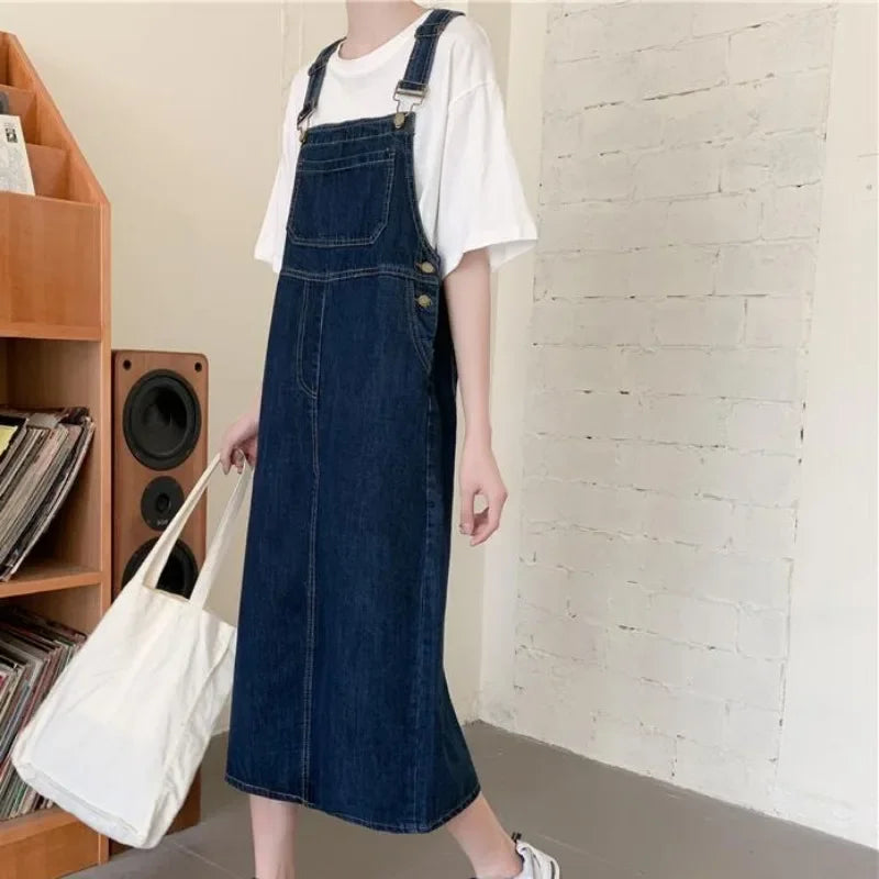 Spring Summer Denim Overall Dress Women Solid Casual Loose Spaghetti Strap Dresses Fashion Female Girls Sleeveless Jeans Dresses