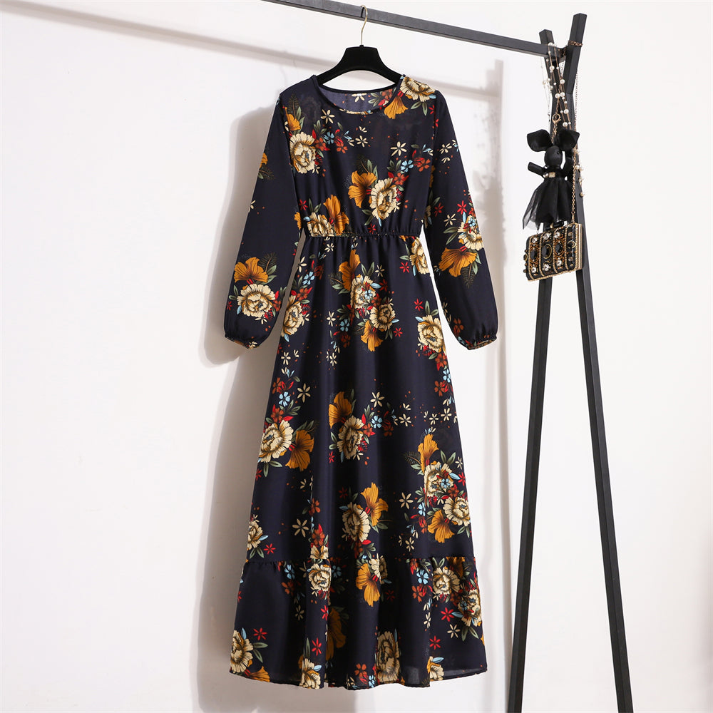 Autumn Spring Chiffon Dresses Fashion Female Full Sleeve Vintage Printed Floral Casual Long Dress Women Maxi Dresses Vestidoes