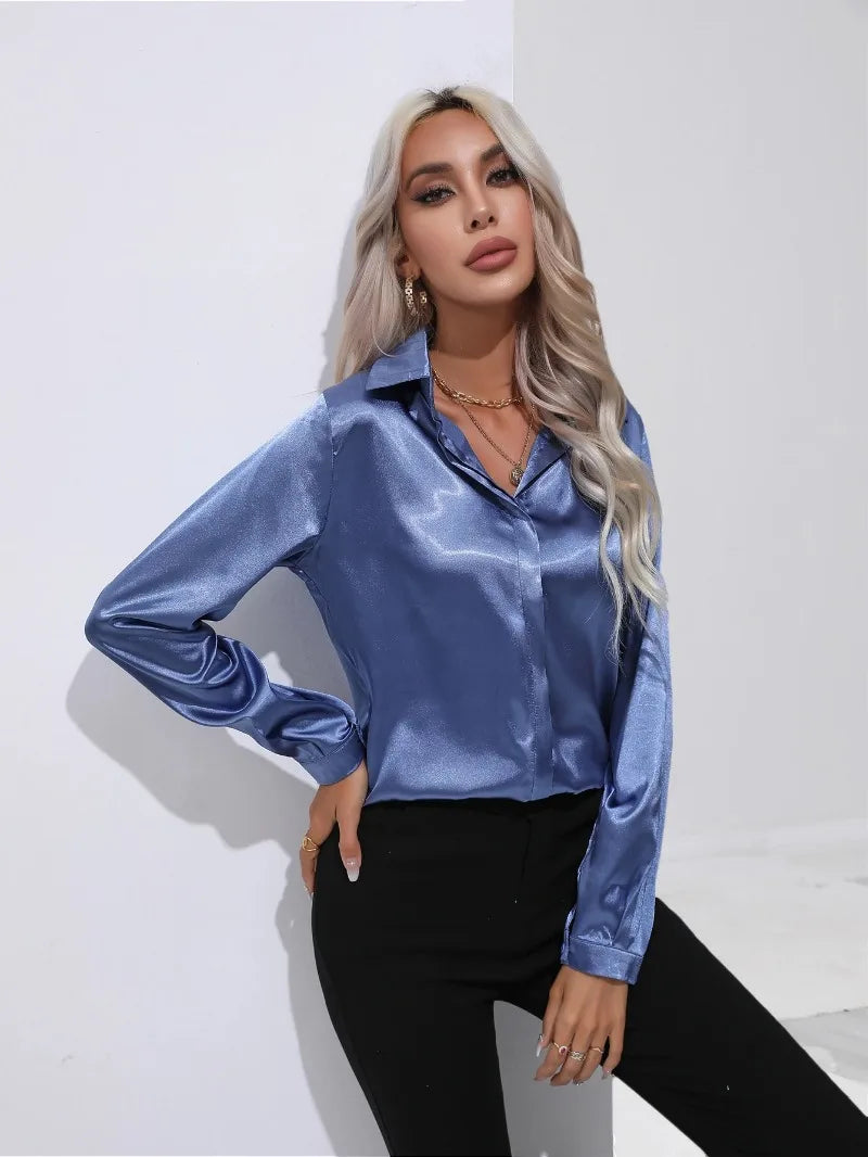 Women's Shirt with Single Breasted Long Sleeve Shirts Spring Summer Silk Shirt Office Lady Satin Turn-down Collar Casual Blouses