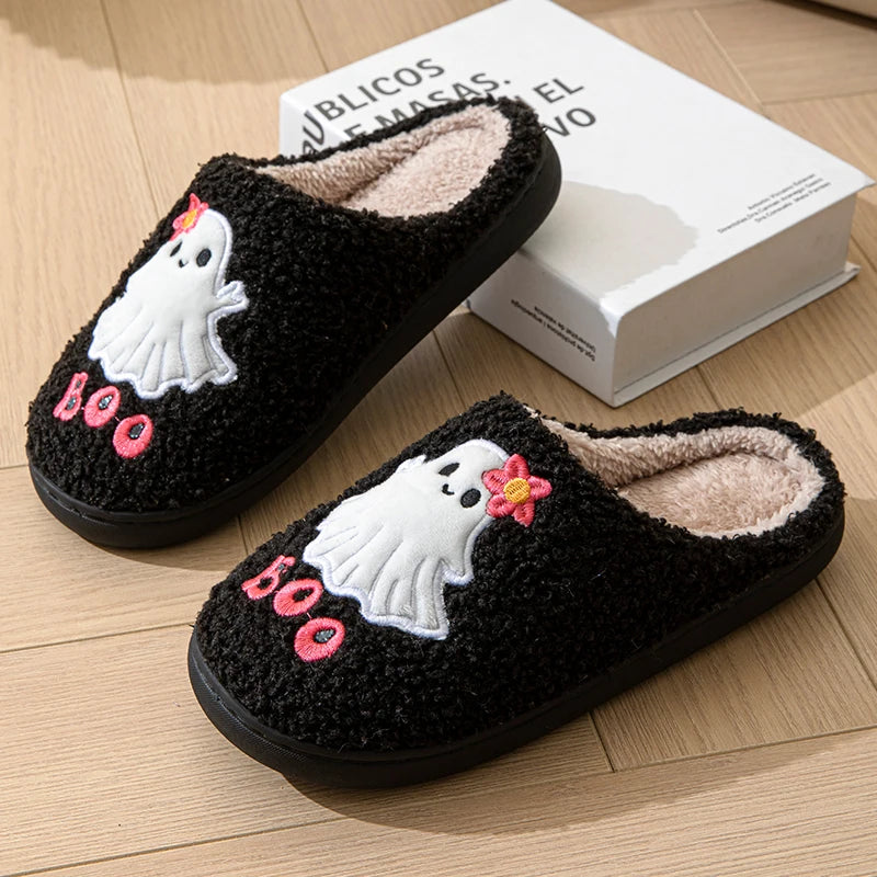 Halloween Cartoon Cotton Slippers Women 2024 Winter Warm Fluffy Fur Home Shoes Woman Flat Heels Indoor Bedroom Plush Slippers