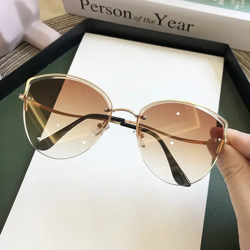 Brand Rimless Sunglasses Women Luxury Cat Eye Sun Glasses Ladies Clear Gradient Sunglass 2024 Diamond Cutting Lenes UV400