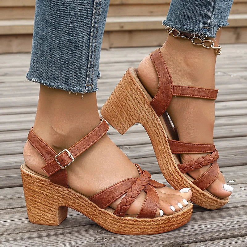 Women's Braided High Heels Sandals 2024 Summer Chunky Platform Gladiator Sandals Woman Ankle Straps Vacation Casual Beach Shoes