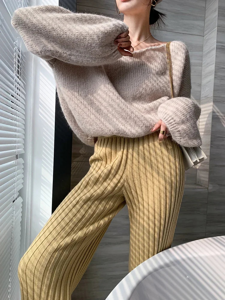 Autumn Winter Casual Thick Knitted Pant Women Long Trousers Elastic High Waist Kniting Wide Leg Pants Striped Pantalon