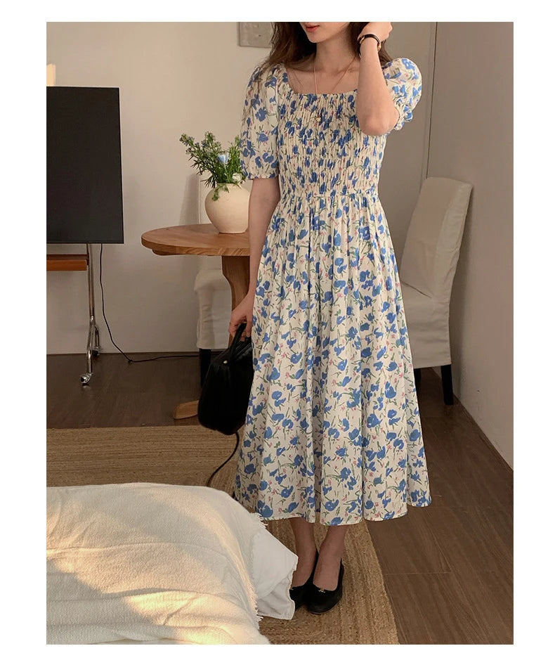 Spring Summer Printed Floral Dress Women Casual Dresses Elastic Waist Fashion Female Vestidos Short Sleeve A-line Dresses