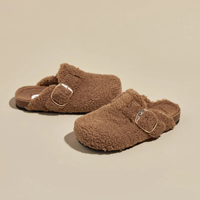 Warm Thicken Lamb Wool Fluffy Slippers Women 2023 Winter Flat Heels Mule Slippers Woman Brand Designer Thick Sole Birken Shoes