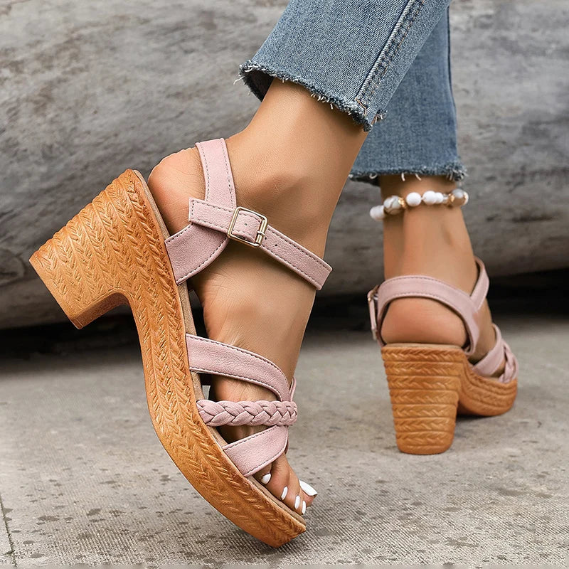 Women's Braided High Heels Sandals 2024 Summer Chunky Platform Gladiator Sandals Woman Ankle Straps Vacation Casual Beach Shoes