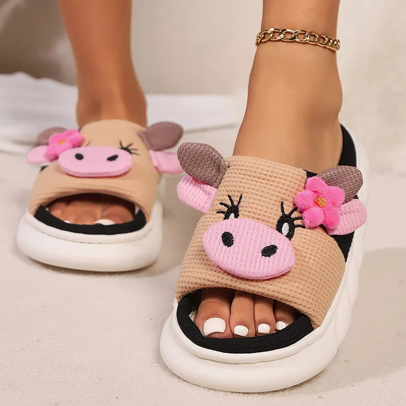 Cute Cow Thick Bottom Linen Slippers Women 2024 Winter Comfort Home Cotton Slippers Woman Flat Heels Non Slip Indoor Shoes Slide