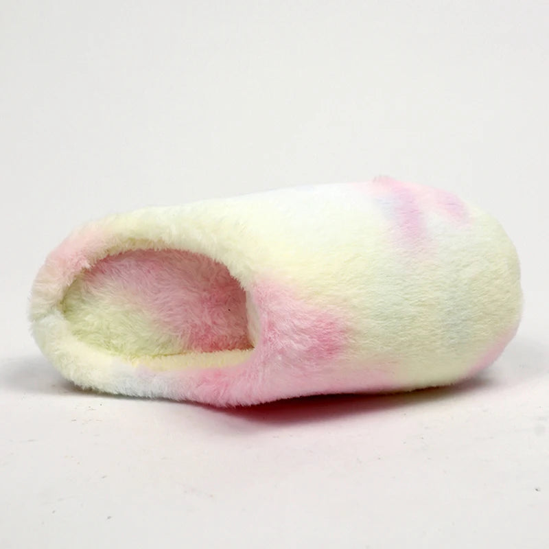 Tie Dye Fluffy Fur Slippers for Women 2024 Winter Closed Toe House Home Slippers Woman Non Slip Flat Heels Indoor Cotton Shoes