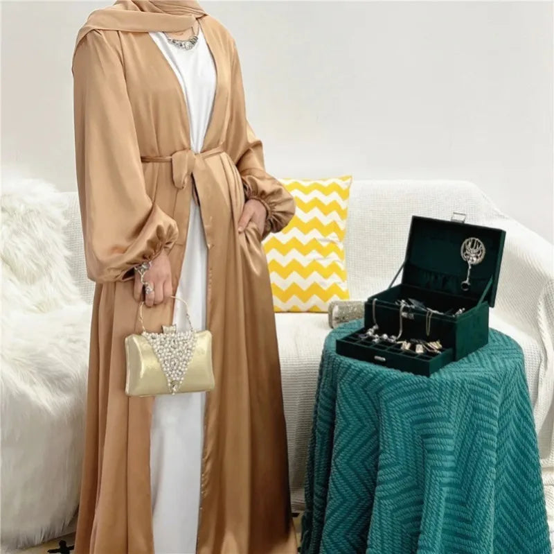 Women Abayas Muslim Kaftan Puff Sleeves Lace-up Maxi Length Ramadan Dresses Jilbabs Open Front  Abayas Outwear Cardigan Coats