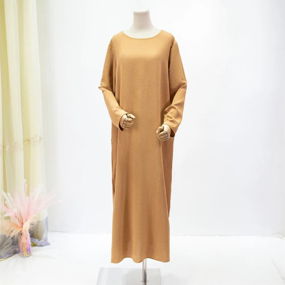 Women Long Dresses Ramadan Solid Crew Neck ,Elegant Long Sleeve Muslim Abaya Solid Loose Maxi Dress,Women's Clothing