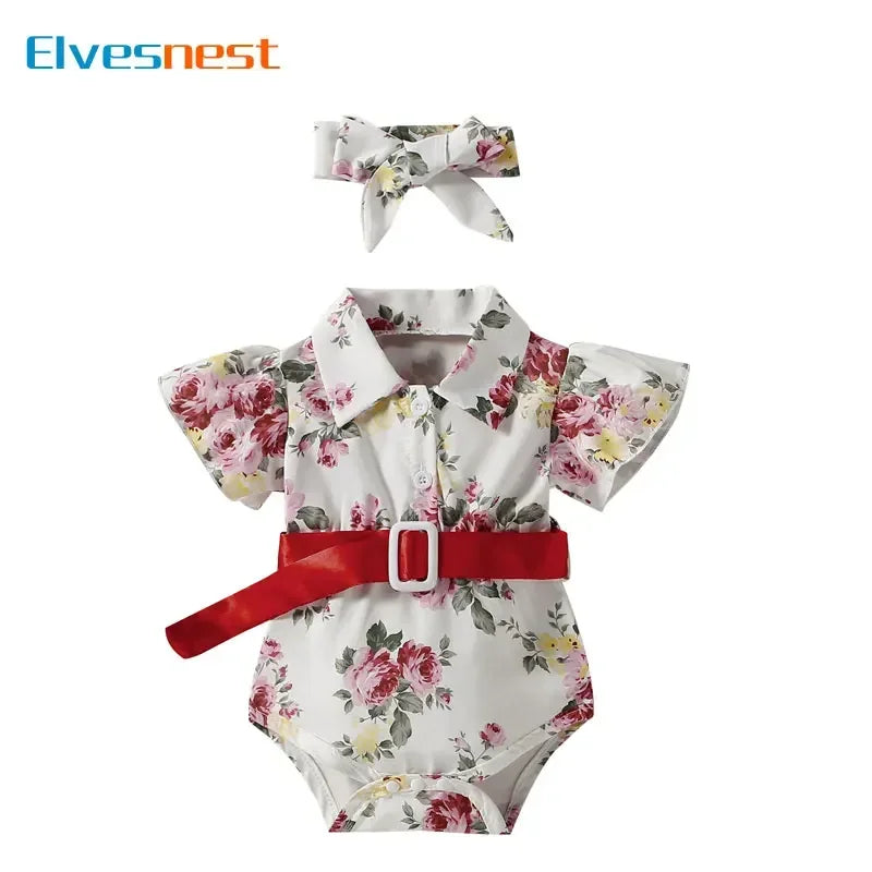 Fashion Floral Newborn Clothes Girl Bodysuits Summer Baby Girl Clothes Short Sleeve Baby Bodysuits+buckle + Head Scarf