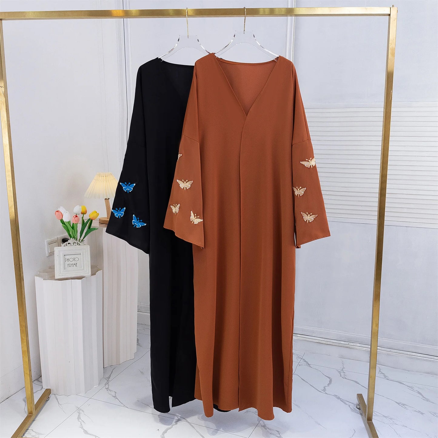 Butterfly Embroidery Open Front Abaya Women Long Sleeve Maxi Length Dress Muslim Abayas Kaftans Women Jilbabs Women's Clothing