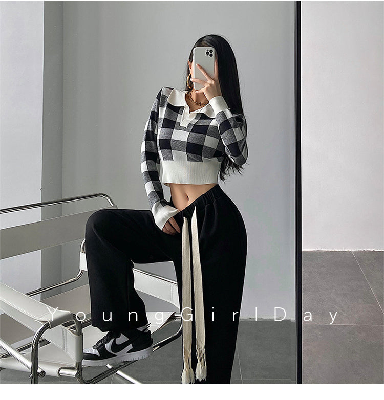 Autumn Winter Vintage Knitwear Crop Tops Women Pullover Sweaters Fashion Female Long Sleeve Elastic Casual Plaid Knitted Shirts