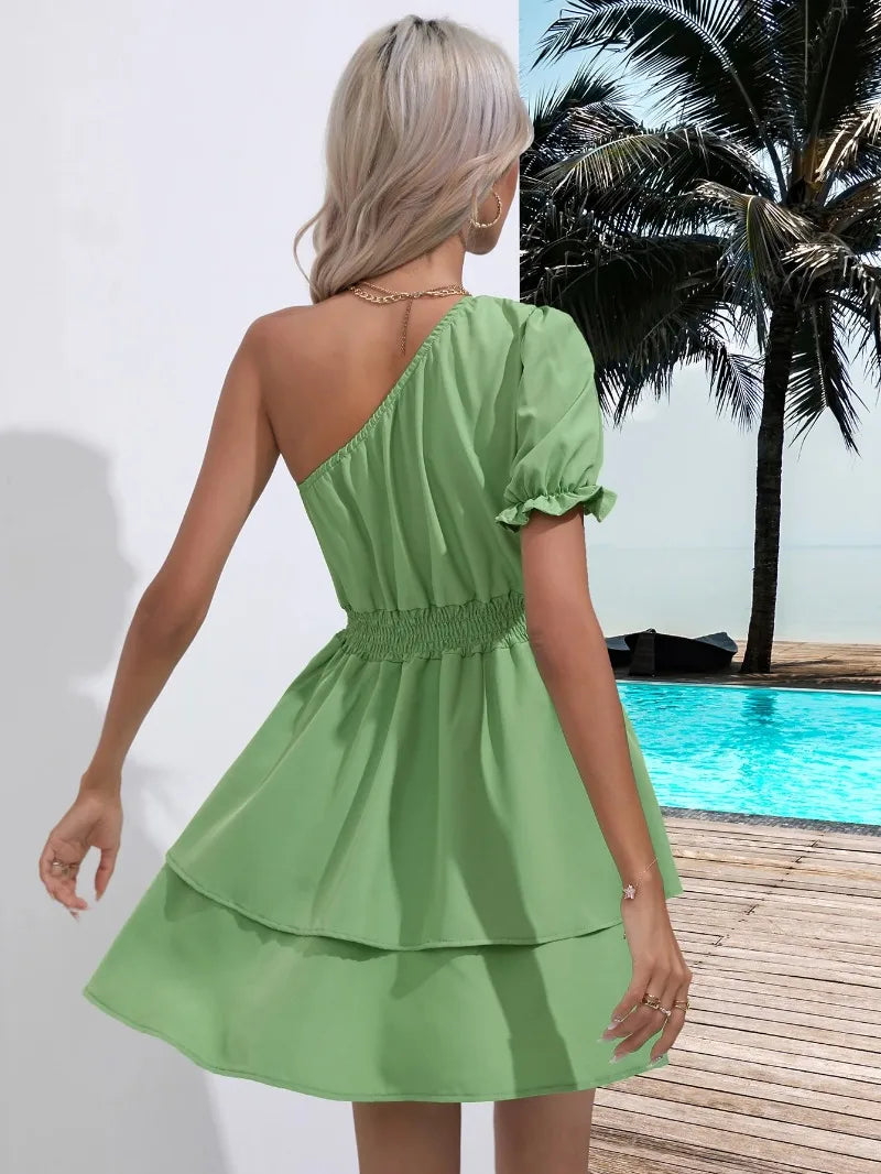 Summer Puff Sleeve One-Shoulder Women Dress Beach Pleated Ruffles Mini Woman Dresses Elastic Waist Diagonal collar Vestidos