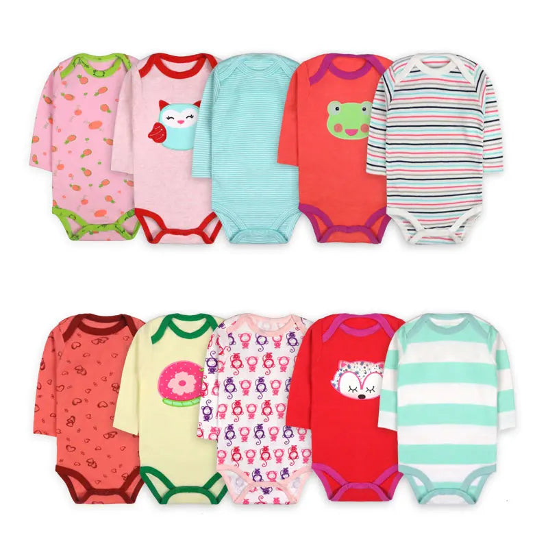 [5 Packs Random style] Cotton Long Sleeve Baby Bodysuit Cartoon Print Newborn Baby Clothes Spring Autumn Infant Jumpsuit