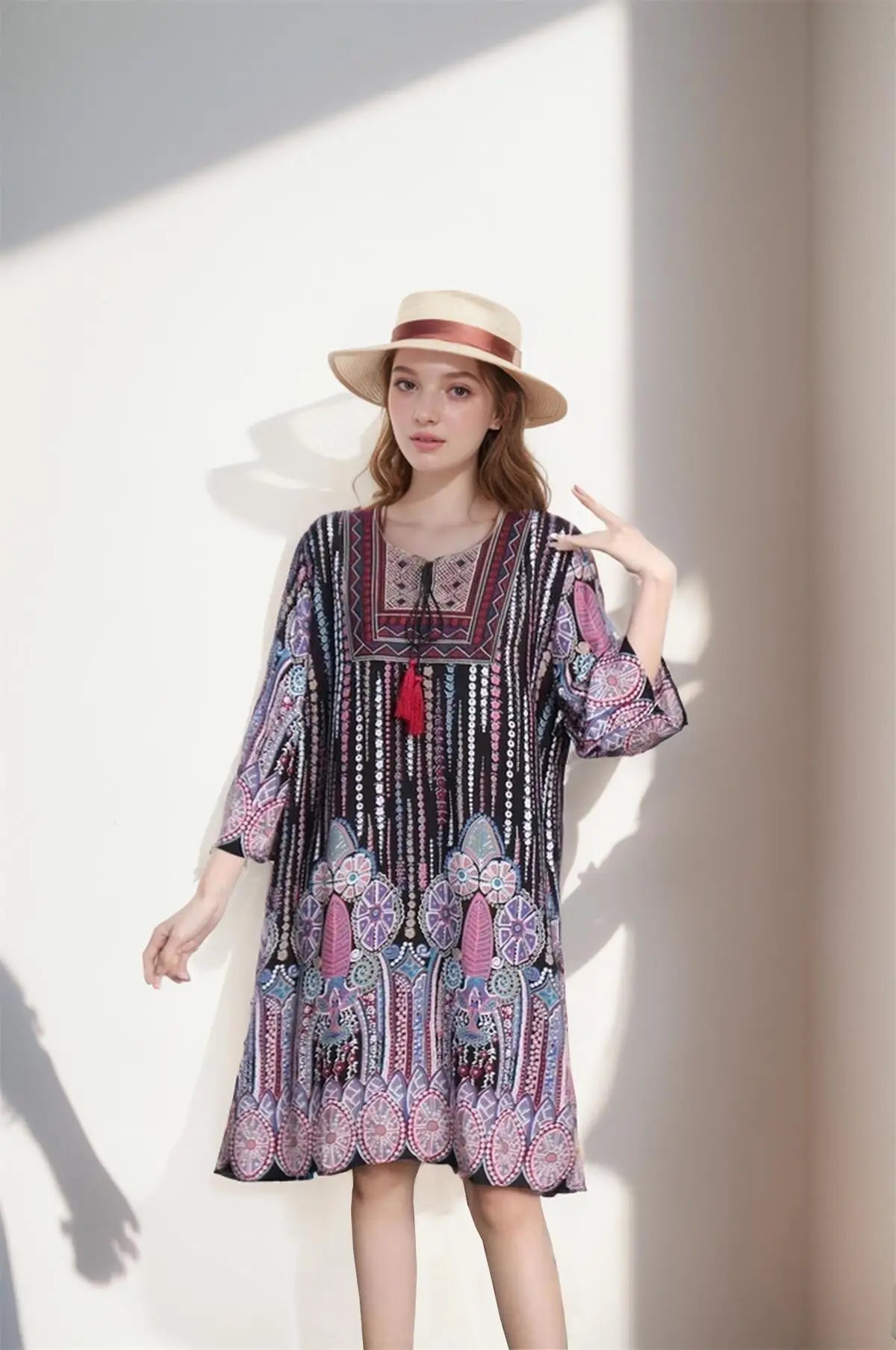 Print Floral Short Sleeve Loose Mini Dress Women Dresses Summer Spring Fashion Vintage Tassel Poplin Bohemian Beach Dresses