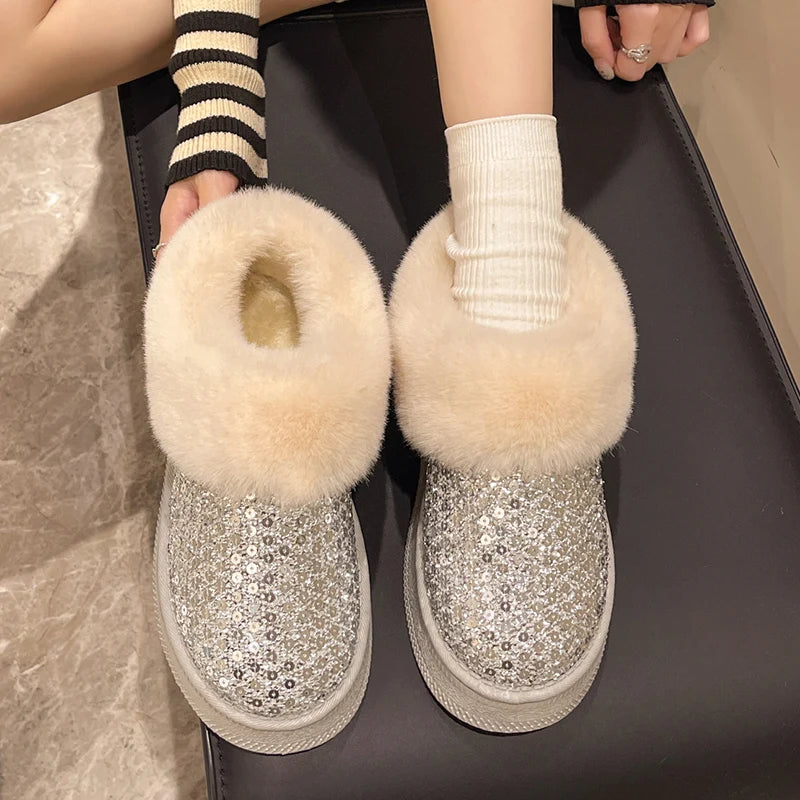 Shiny Sequins Winter Platform Ankle Boots Women 2024 Warm Thicken Plush Snow Boots Woman Non Slip Flat Heels Cotton Padded Shoes