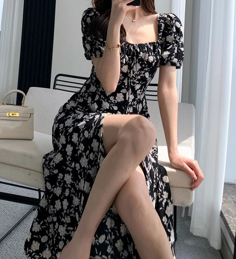 Spring Summer Chiffon Dress Women Casual Dresses Fashion Female Square Collar Short Sleeve Split A-line Dresses Vestidos