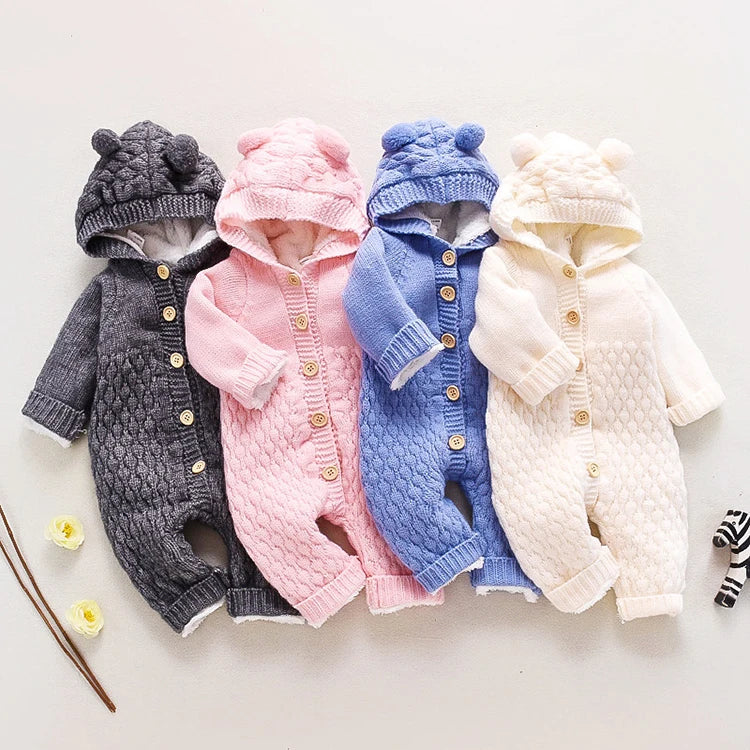 Long Sleeve Hooded Newborn Baby Clothes Knitted Romper Fashoin Solid Color Baby Girl Clothes Winter Warm Infant Clothing